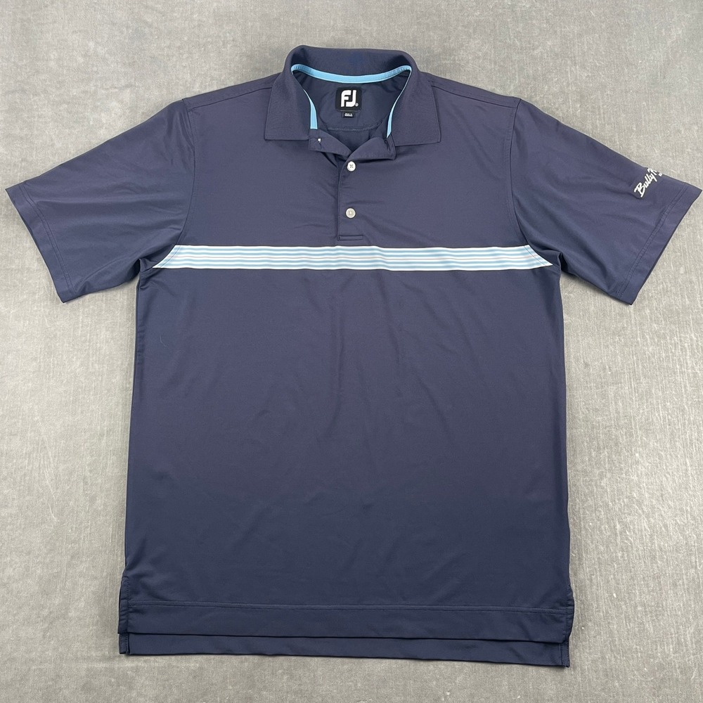 FootJoy Men M Navy Blue Polo Shirt Bully Pulpit Golf Course Striped Performance